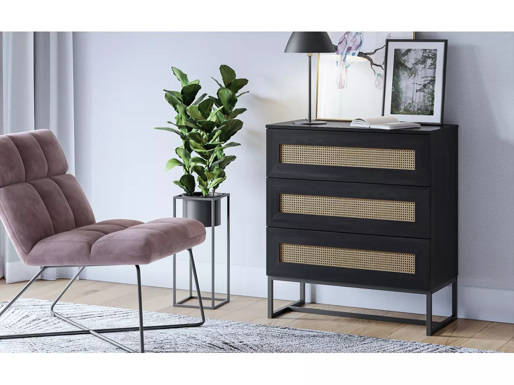 Kauf Unique Sideboard mit 3 Schubladen in Schwarz mit Rattan-Einsätzen, 80 cm - KERALS