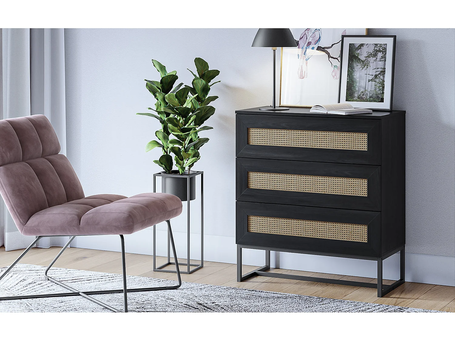 Sideboard mit 3 Schubladen in Schwarz mit Rattan-Einsätzen, 80 cm - KERALS
