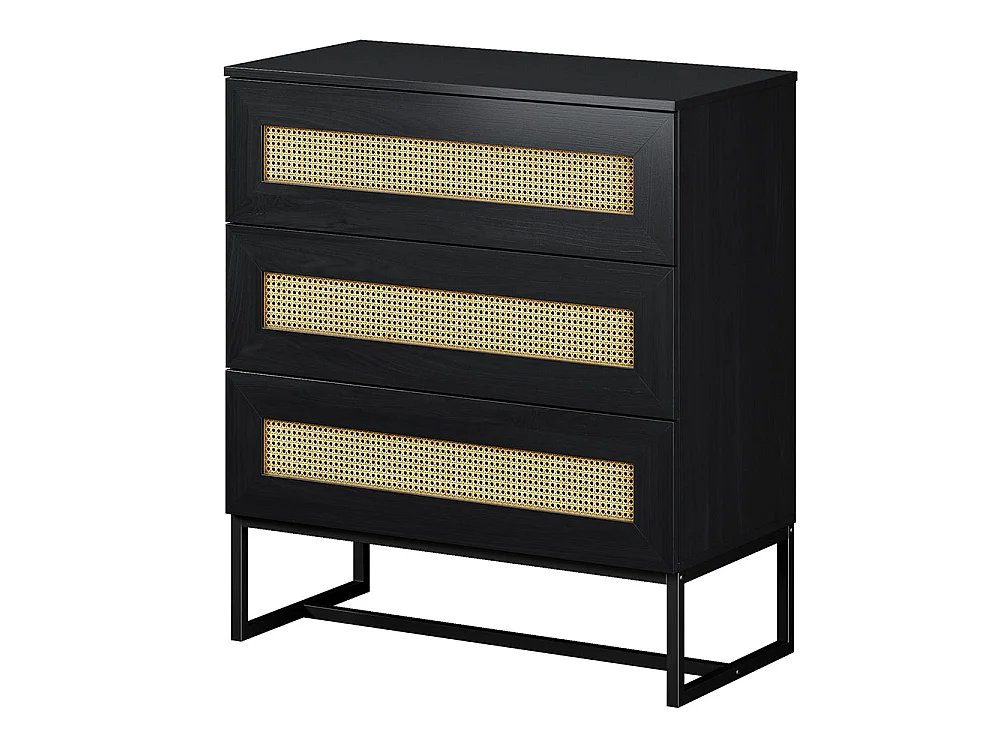 Sideboard mit 3 Schubladen in Schwarz mit Rattan-Einsätzen, 80 cm - KERALS