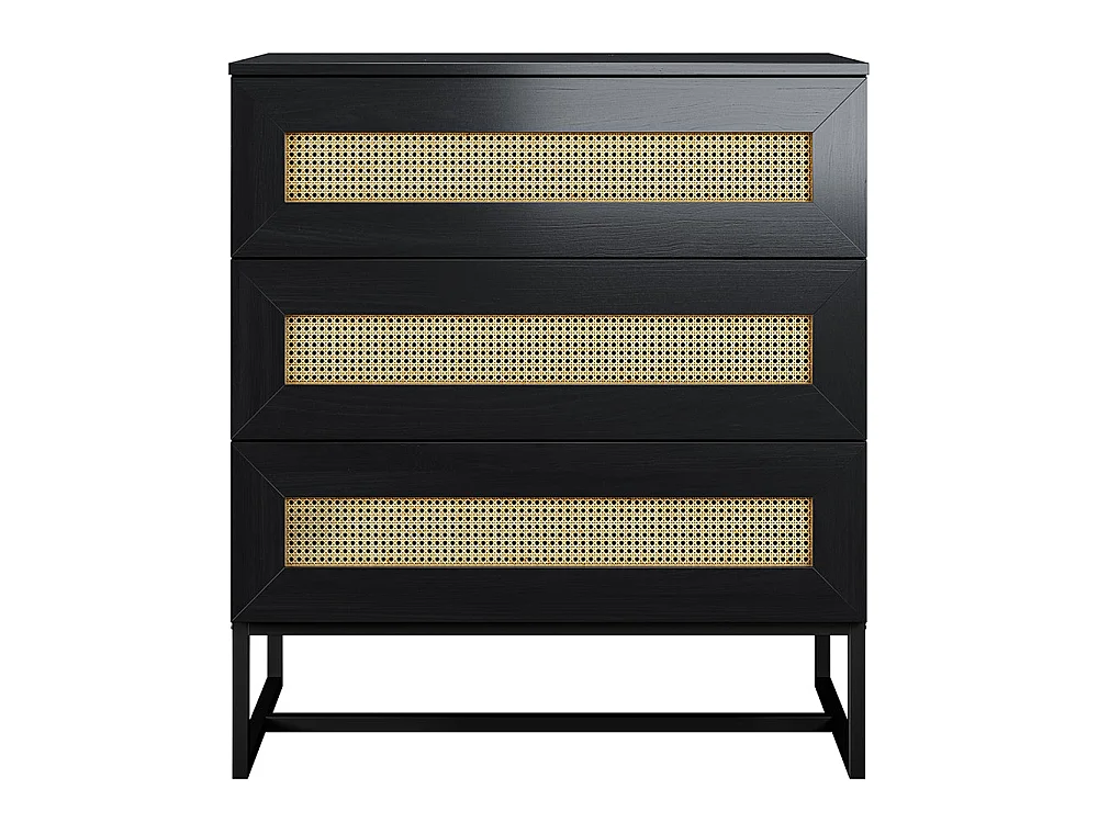 Sideboard mit 3 Schubladen in Schwarz mit Rattan-Einsätzen, 80 cm - KERALS