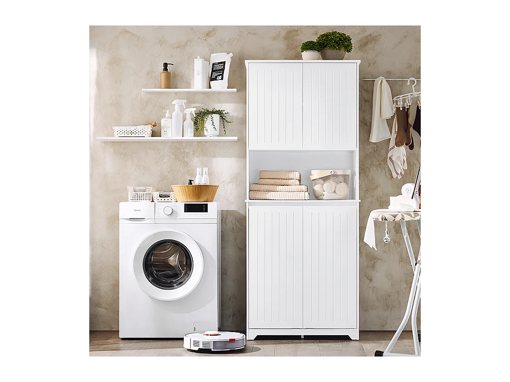SoBuy BZR150-W Armoire de Salle de Bain Haute avec Sac à Linge,  2 Paniers à Linge Amovibles, Étagères Réglables, Compartiments