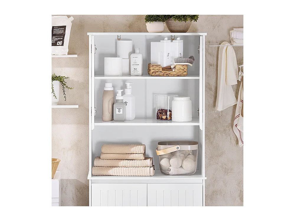 SoBuy BZR150-W Armoire de Salle de Bain Haute avec Sac à Linge,  2 Paniers à Linge Amovibles, Étagères Réglables, Compartiments