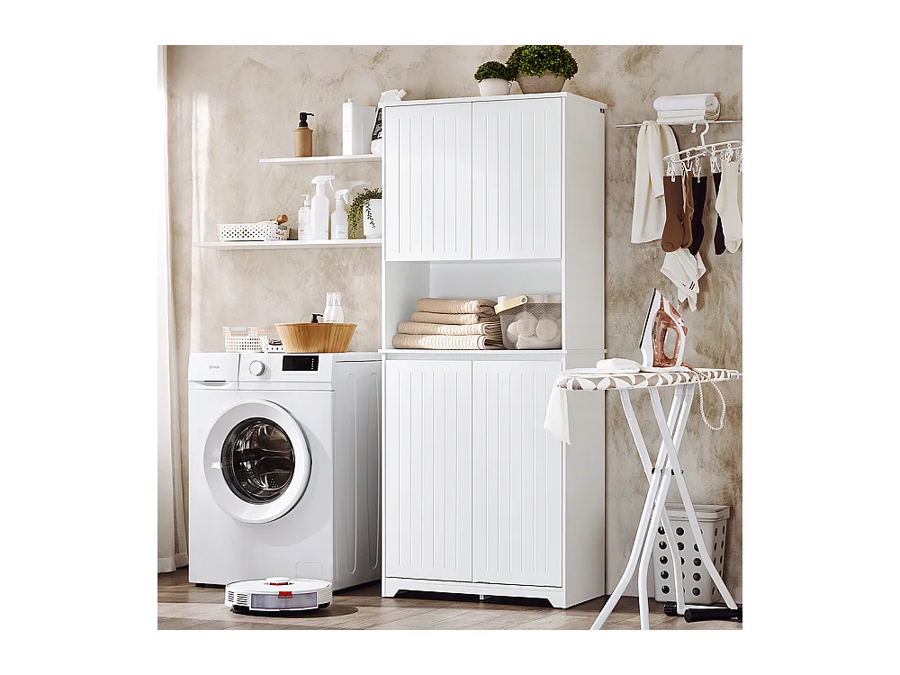 SoBuy BZR150-W Armoire de Salle de Bain Haute avec Sac à Linge,  2 Paniers à Linge Amovibles, Étagères Réglables, Compartiments