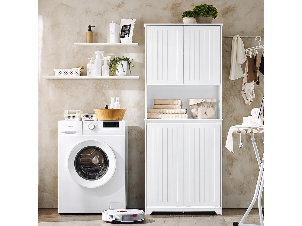 SoBuy BZR150-W Armoire de Salle de Bain Haute avec Sac à Linge,  2 Paniers à Linge Amovibles, Étagères Réglables, Compartiments