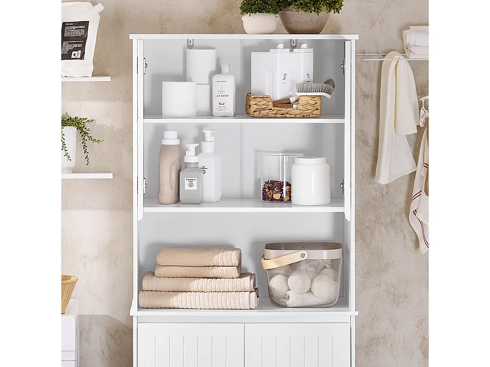 SoBuy BZR150-W Armoire de Salle de Bain Haute avec Sac à Linge,  2 Paniers à Linge Amovibles, Étagères Réglables, Compartiments