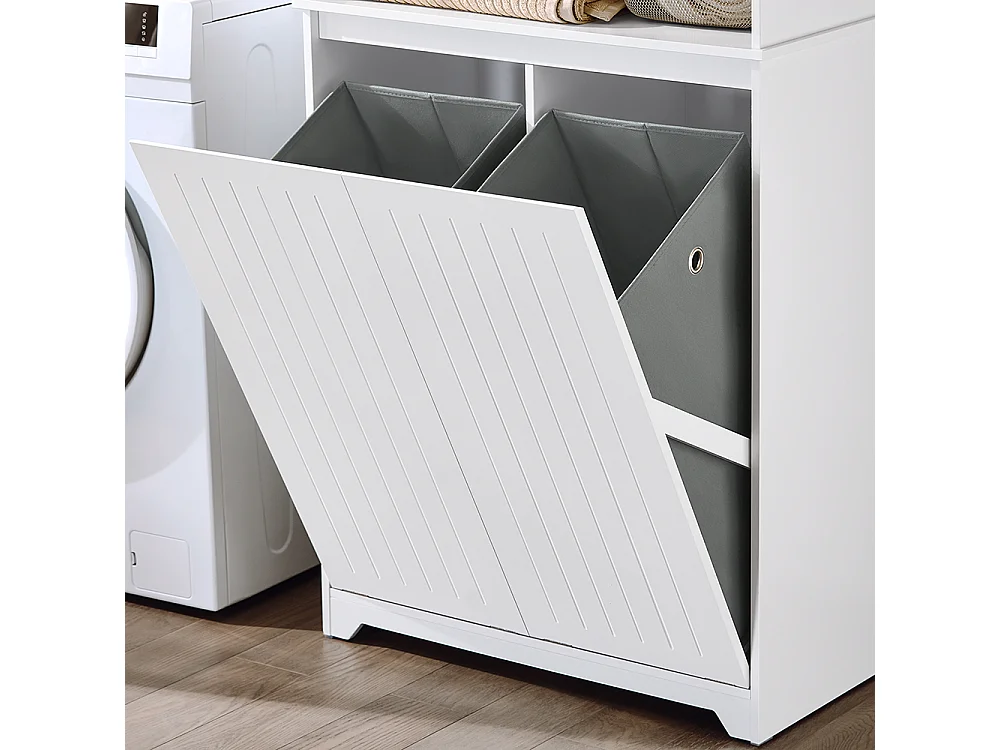 SoBuy BZR150-W Armoire de Salle de Bain Haute avec Sac à Linge,  2 Paniers à Linge Amovibles, Étagères Réglables, Compartiments