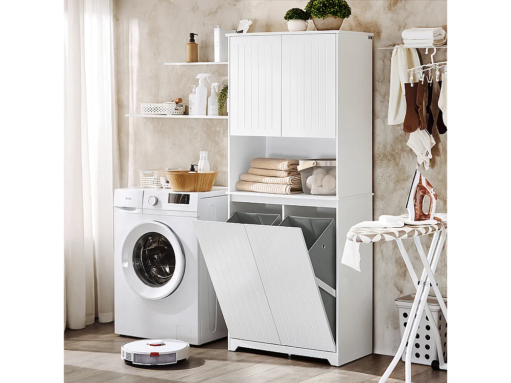 SoBuy BZR150-W Armoire de Salle de Bain Haute avec Sac à Linge,  2 Paniers à Linge Amovibles, Étagères Réglables, Compartiments
