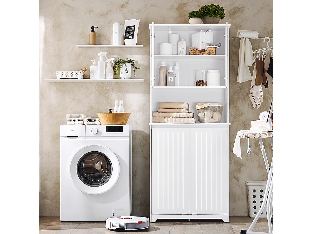 SoBuy BZR150-W Armoire de Salle de Bain Haute avec Sac à Linge,  2 Paniers à Linge Amovibles, Étagères Réglables, Compartiments