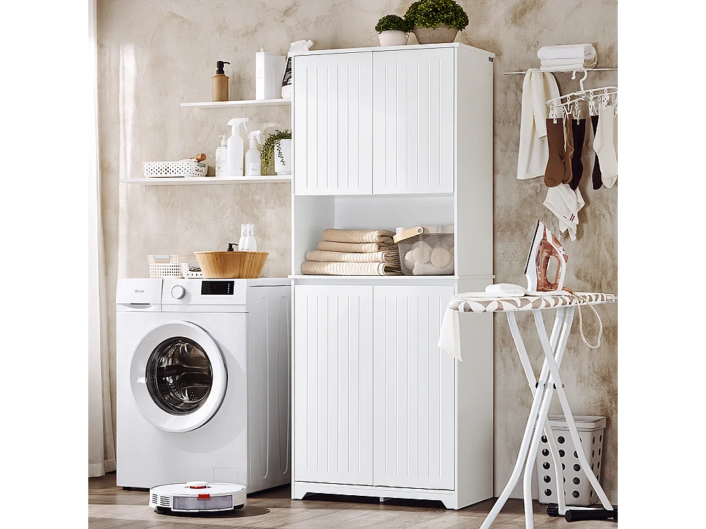 SoBuy BZR150-W Armoire de Salle de Bain Haute avec Sac à Linge,  2 Paniers à Linge Amovibles, Étagères Réglables, Compartiments