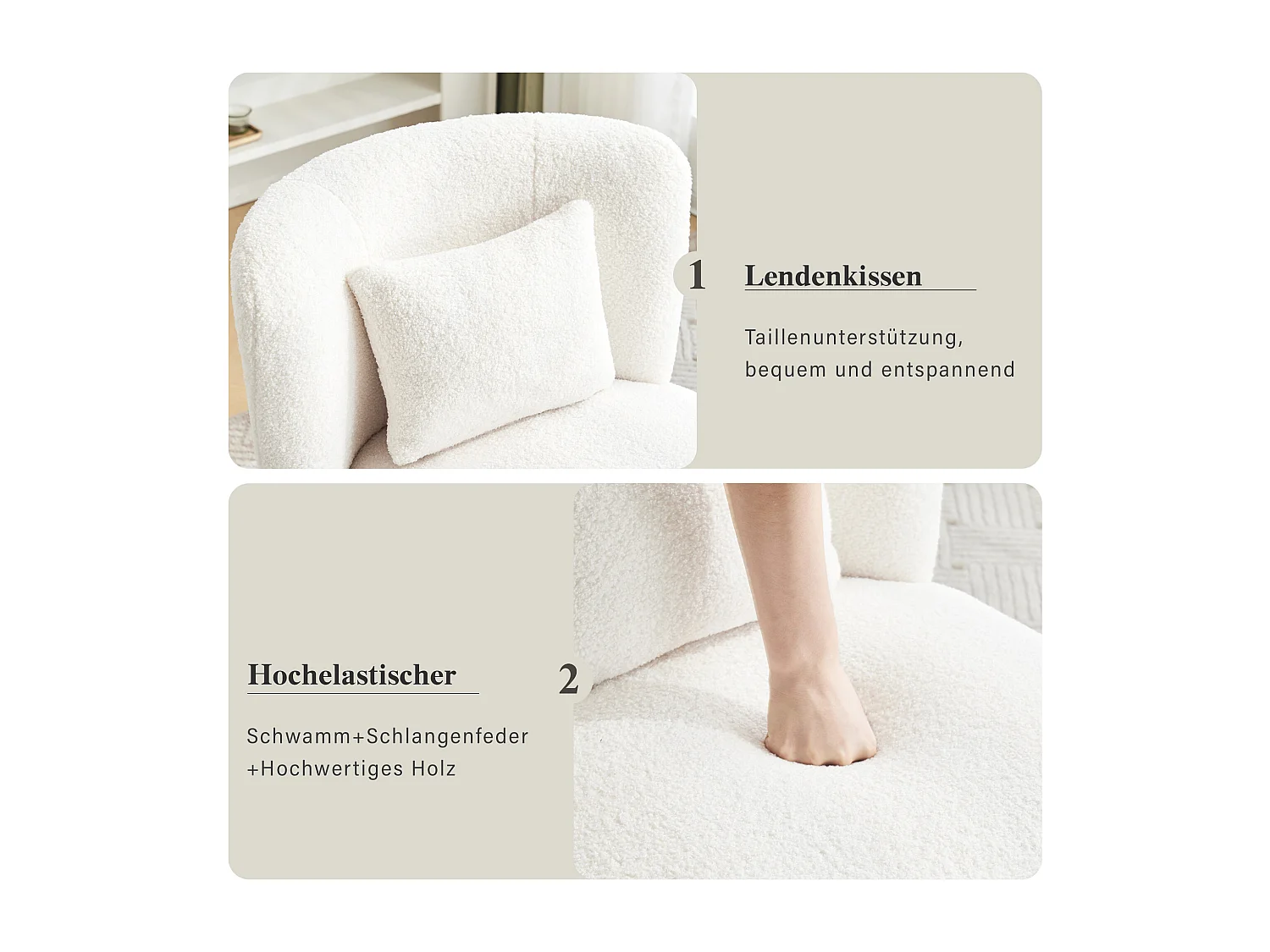 Canapé 2 places, lot de 2 fauteuils pivontants 360 ° avec coussin et dossier - tissu bouclette - 58 x 63 x 72 cm - blanc