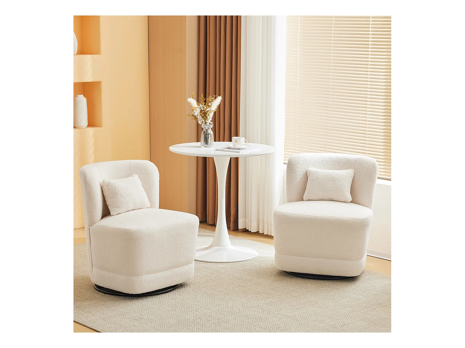 2-zitsbank, set van 2 360° draaibare fauteuils met kussen en rugleuning - French Terry stof - 58 x 63 x 72 cm - wit