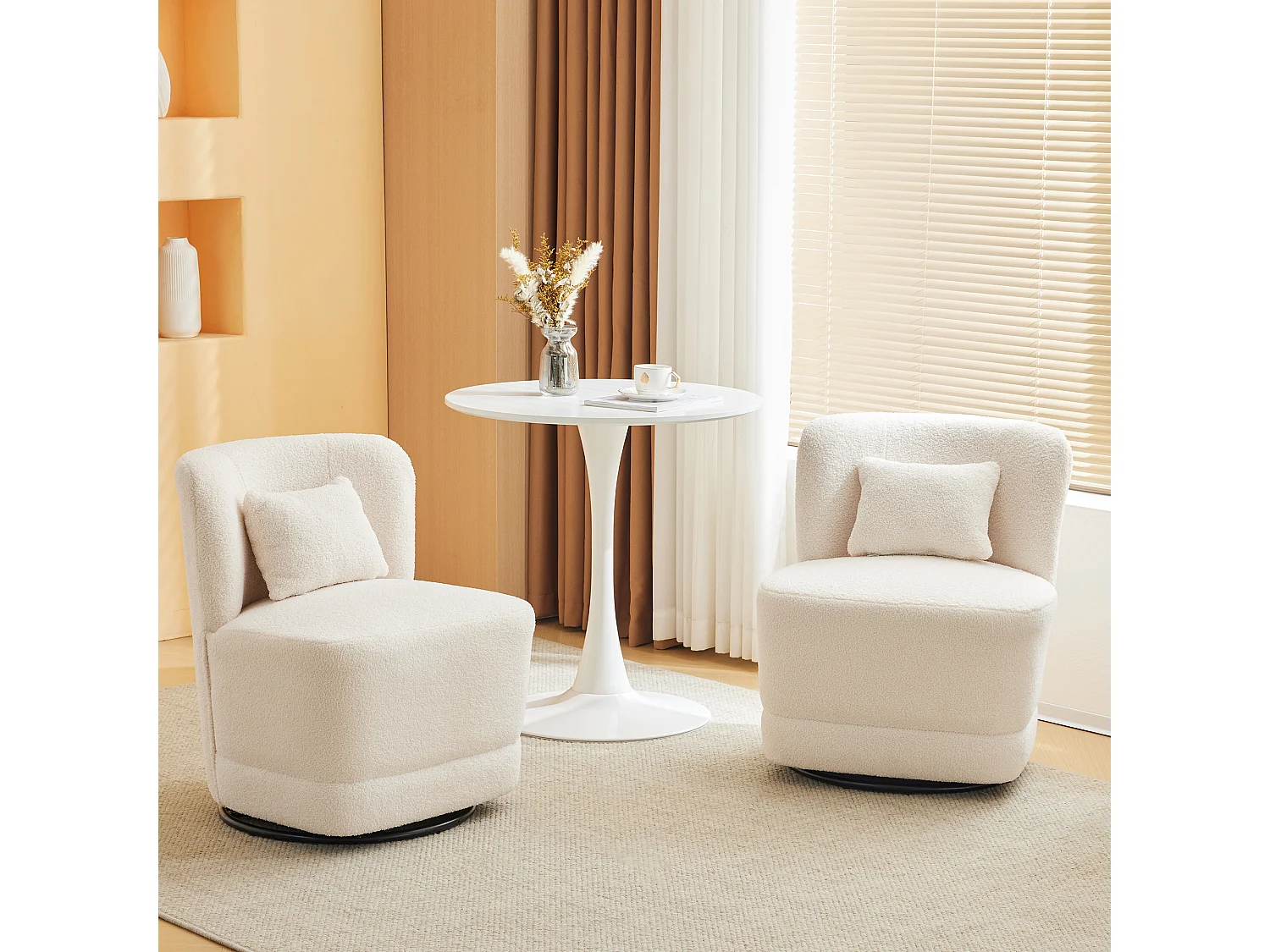 2-zitsbank, set van 2 360° draaibare fauteuils met kussen en rugleuning - French Terry stof - 58 x 63 x 72 cm - wit