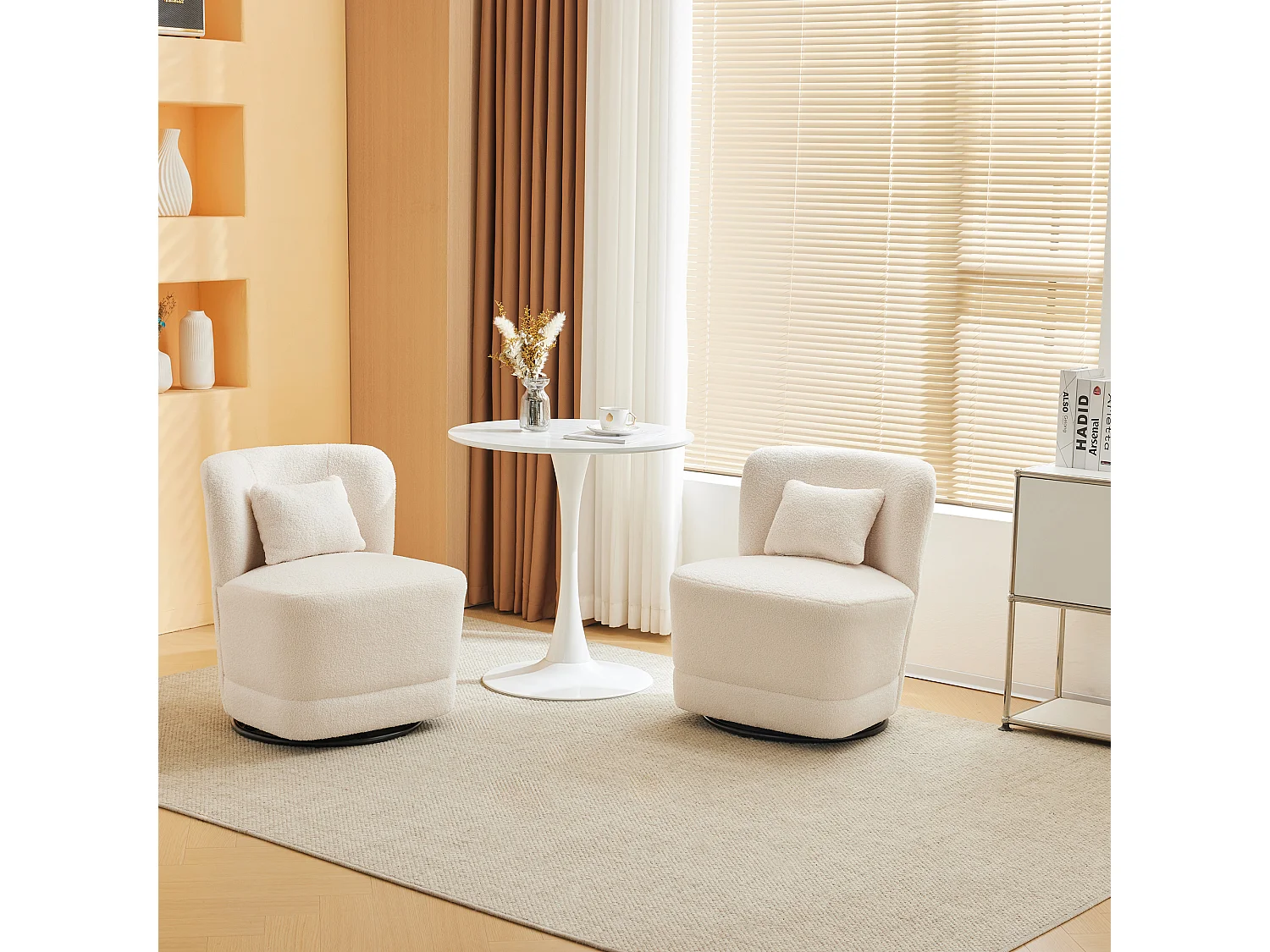 2-zitsbank, set van 2 360° draaibare fauteuils met kussen en rugleuning - French Terry stof - 58 x 63 x 72 cm - wit