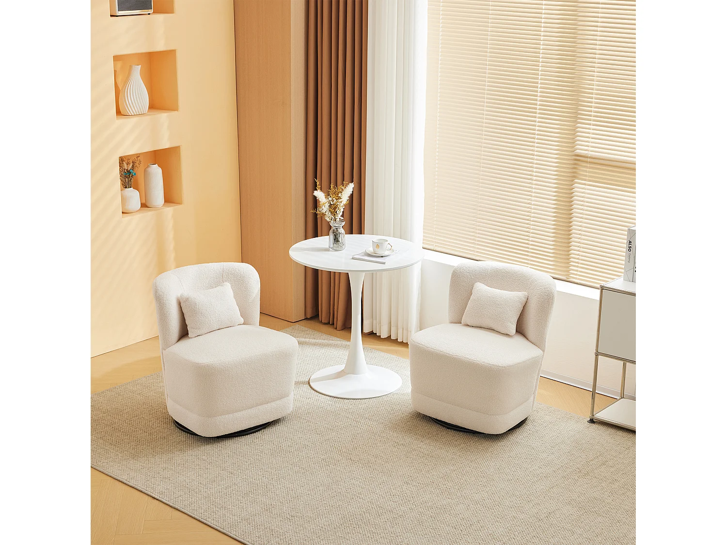 2-zitsbank, set van 2 360° draaibare fauteuils met kussen en rugleuning - French Terry stof - 58 x 63 x 72 cm - wit