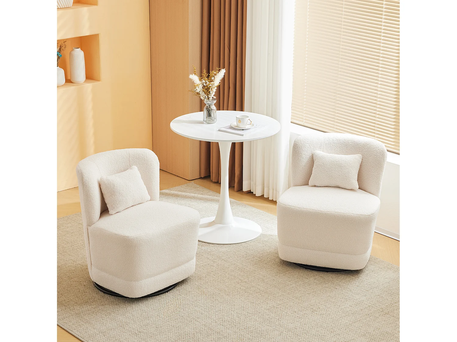 2-zitsbank, set van 2 360° draaibare fauteuils met kussen en rugleuning - French Terry stof - 58 x 63 x 72 cm - wit