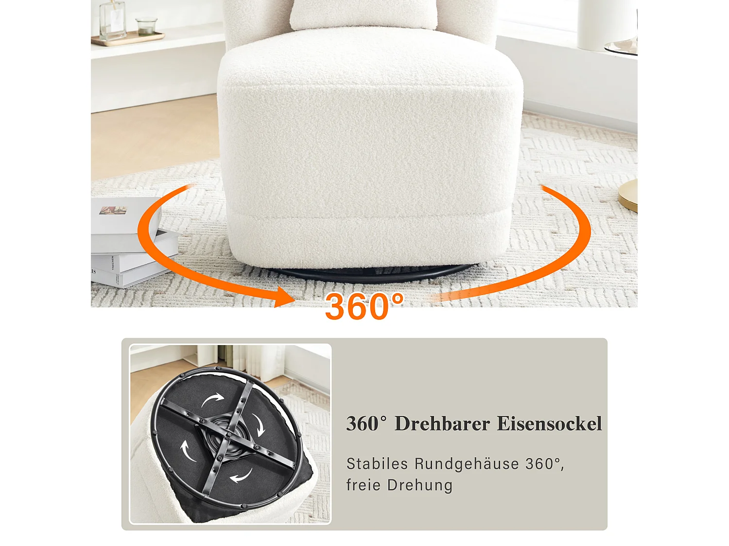 2-zitsbank, set van 2 360° draaibare fauteuils met kussen en rugleuning - French Terry stof - 58 x 63 x 72 cm - wit