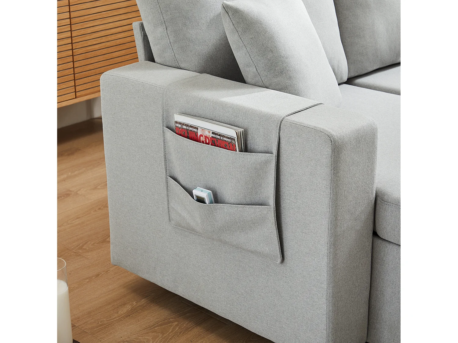 Canapé 3 places convertible avec coffre de rangement et porte-gobelet - Tissu en lin - gris clair - 219.5 x 75 x 83 cm