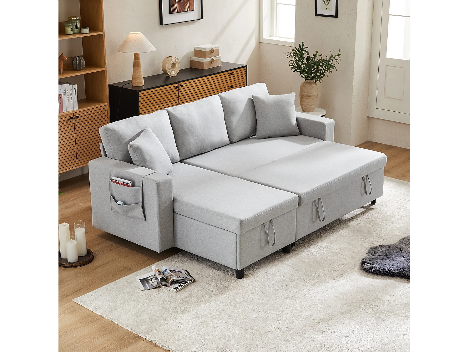 Canapé 3 places convertible avec coffre de rangement et porte-gobelet - Tissu en lin - gris clair - 219.5 x 75 x 83 cm