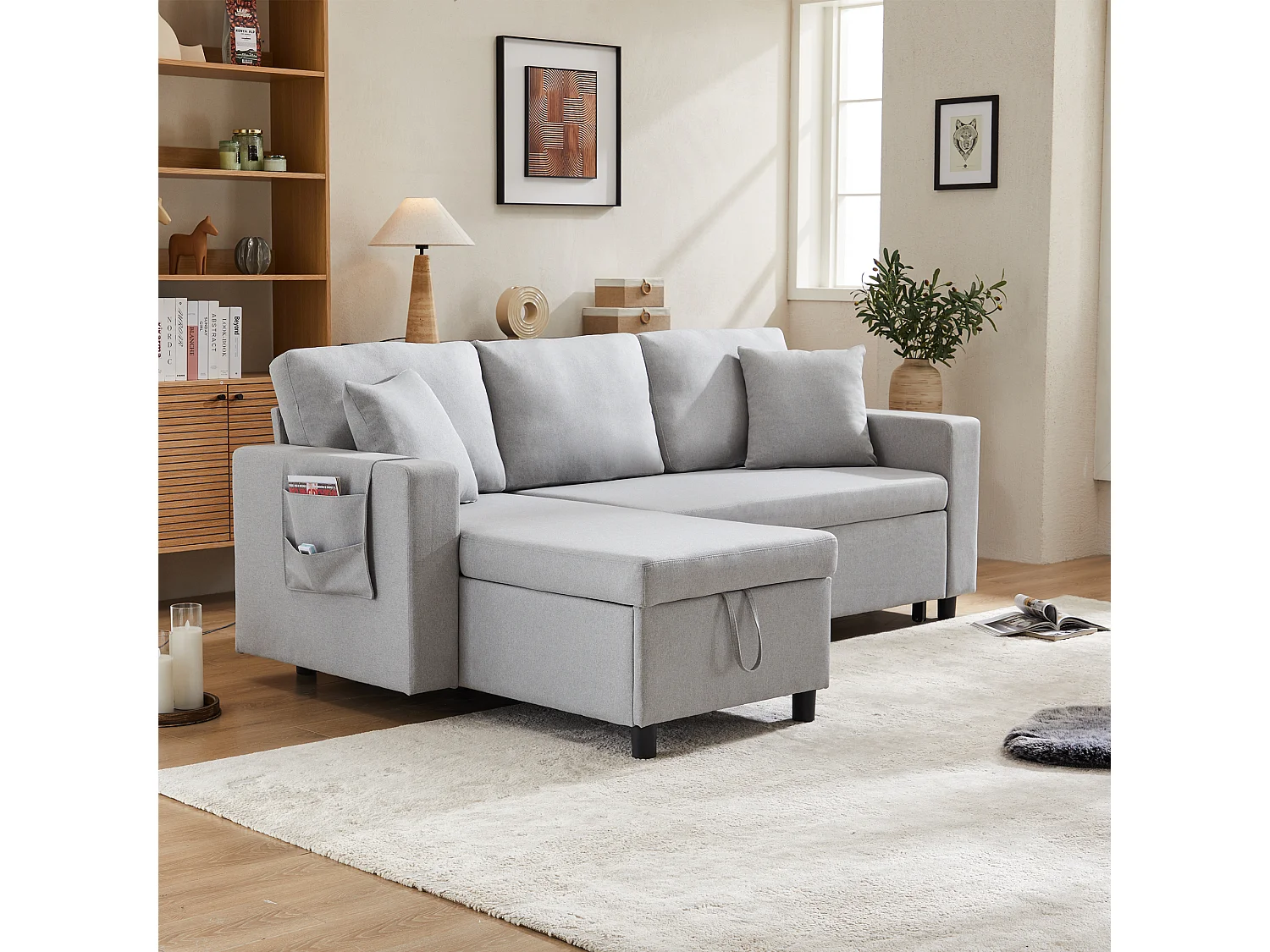 Canapé 3 places convertible avec coffre de rangement et porte-gobelet - Tissu en lin - gris clair - 219.5 x 75 x 83 cm