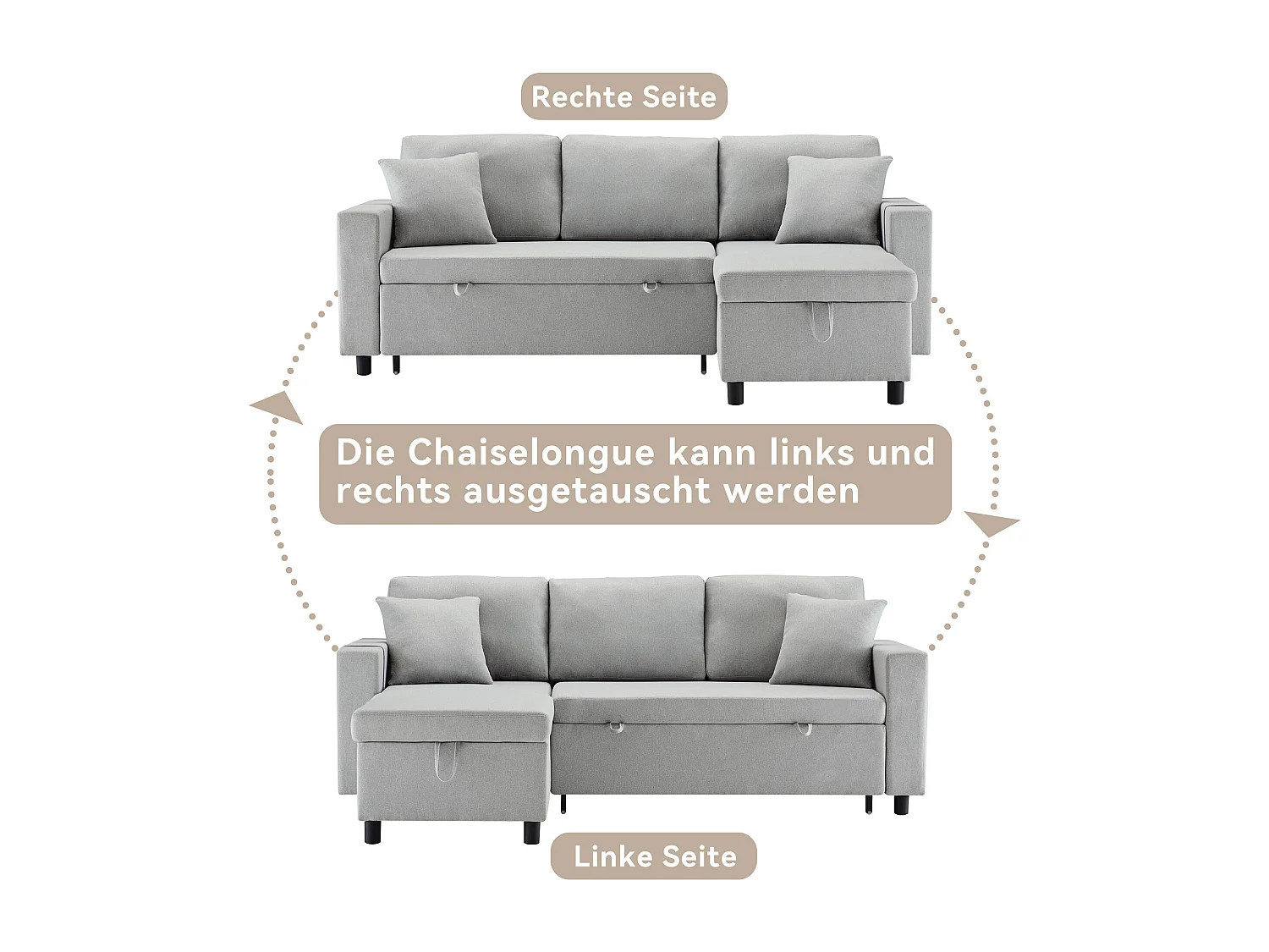 Canapé 3 places convertible avec coffre de rangement et porte-gobelet - Tissu en lin - gris clair - 219.5 x 75 x 83 cm
