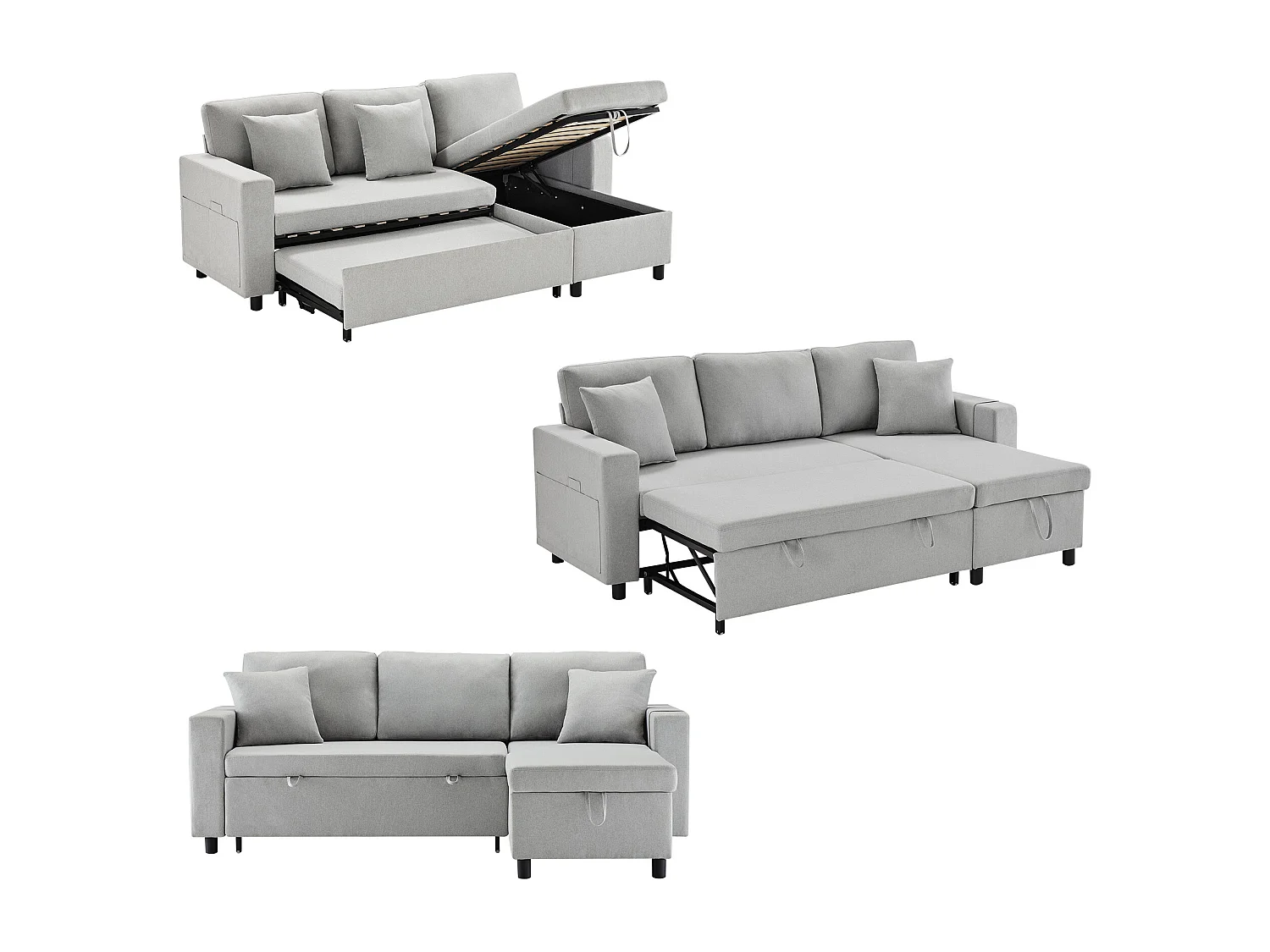 Canapé 3 places convertible avec coffre de rangement et porte-gobelet - Tissu en lin - gris clair - 219.5 x 75 x 83 cm