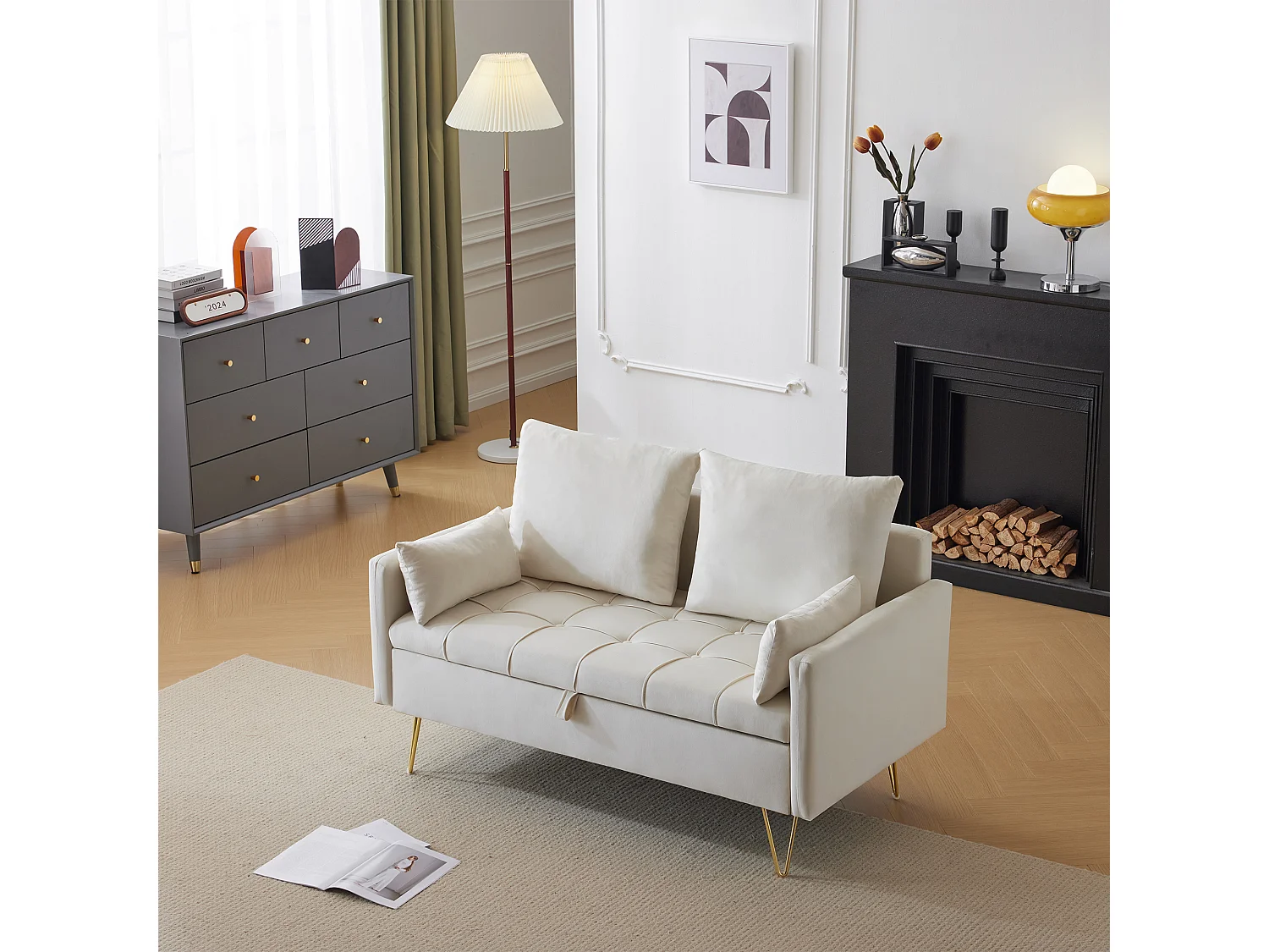 Canapé 2 places en velours avec rangement et coussins, L 135 cm, pieds en métal doré, pour salon, bureau ou appartement, beige