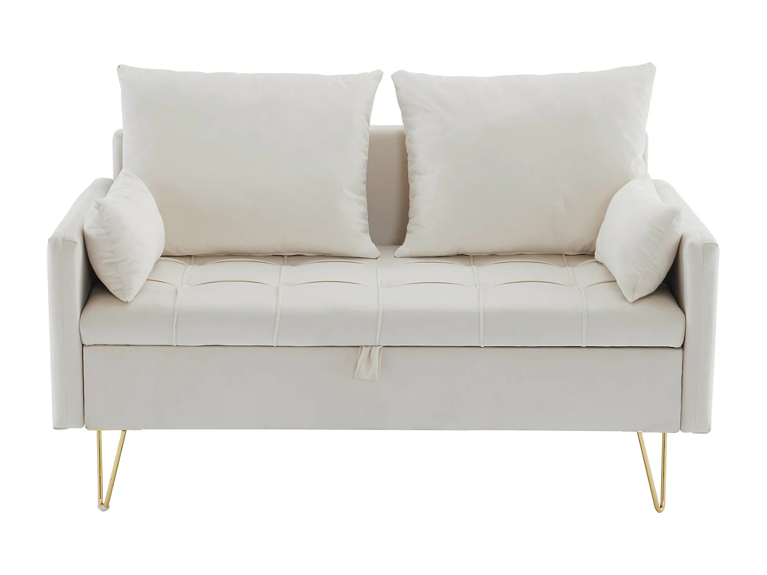 Canapé 2 places en velours avec rangement et coussins, L 135 cm, pieds en métal doré, pour salon, bureau ou appartement, beige