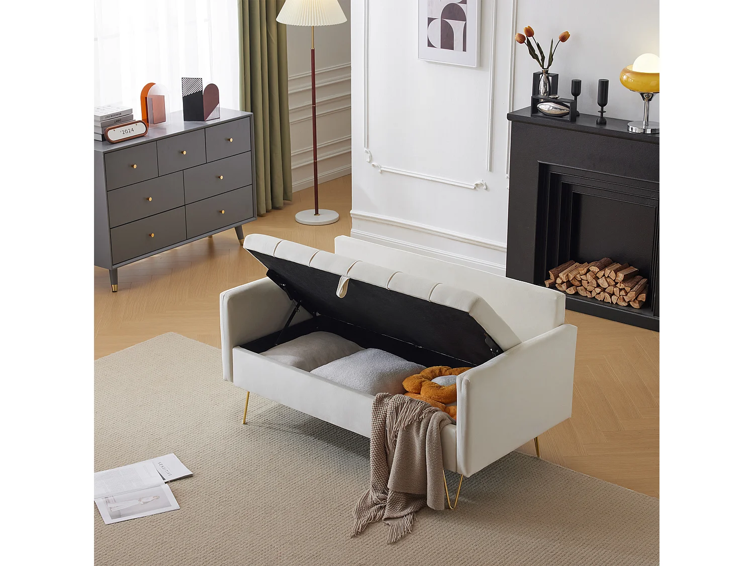 Canapé 2 places en velours avec rangement et coussins, L 135 cm, pieds en métal doré, pour salon, bureau ou appartement, beige