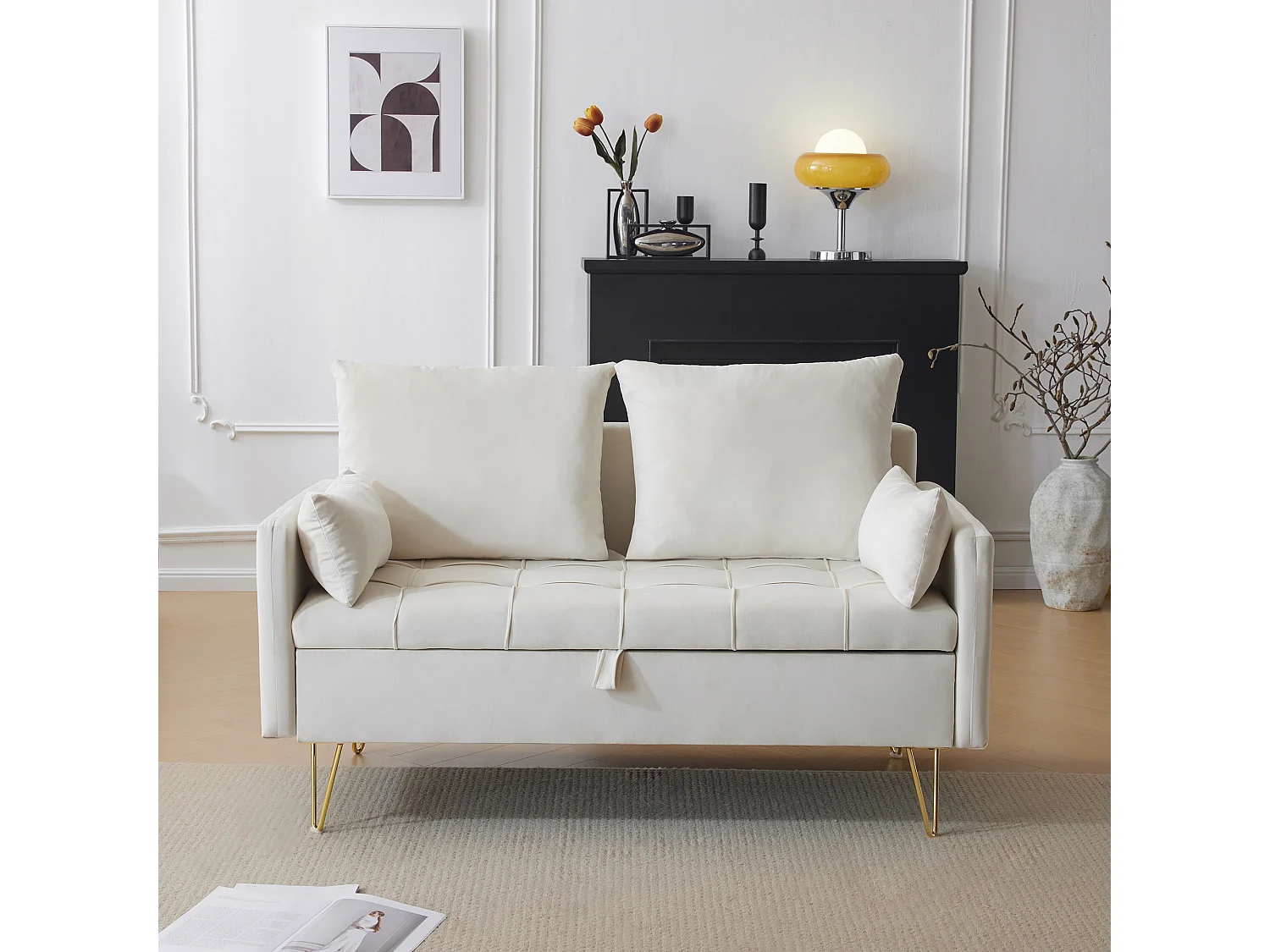 Canapé 2 places en velours avec rangement et coussins, L 135 cm, pieds en métal doré, pour salon, bureau ou appartement, beige