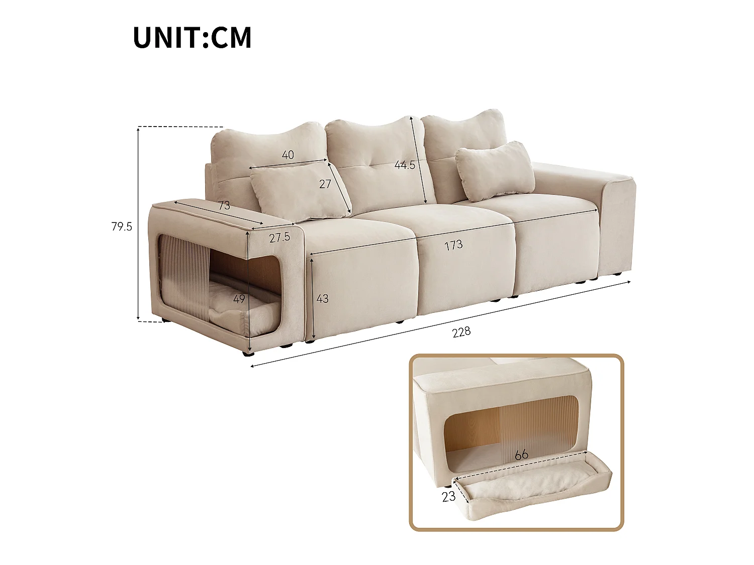 Canapé 2 places en velours avec rangement et coussins, L 135 cm, pieds en métal doré, pour salon, bureau ou appartement, beige