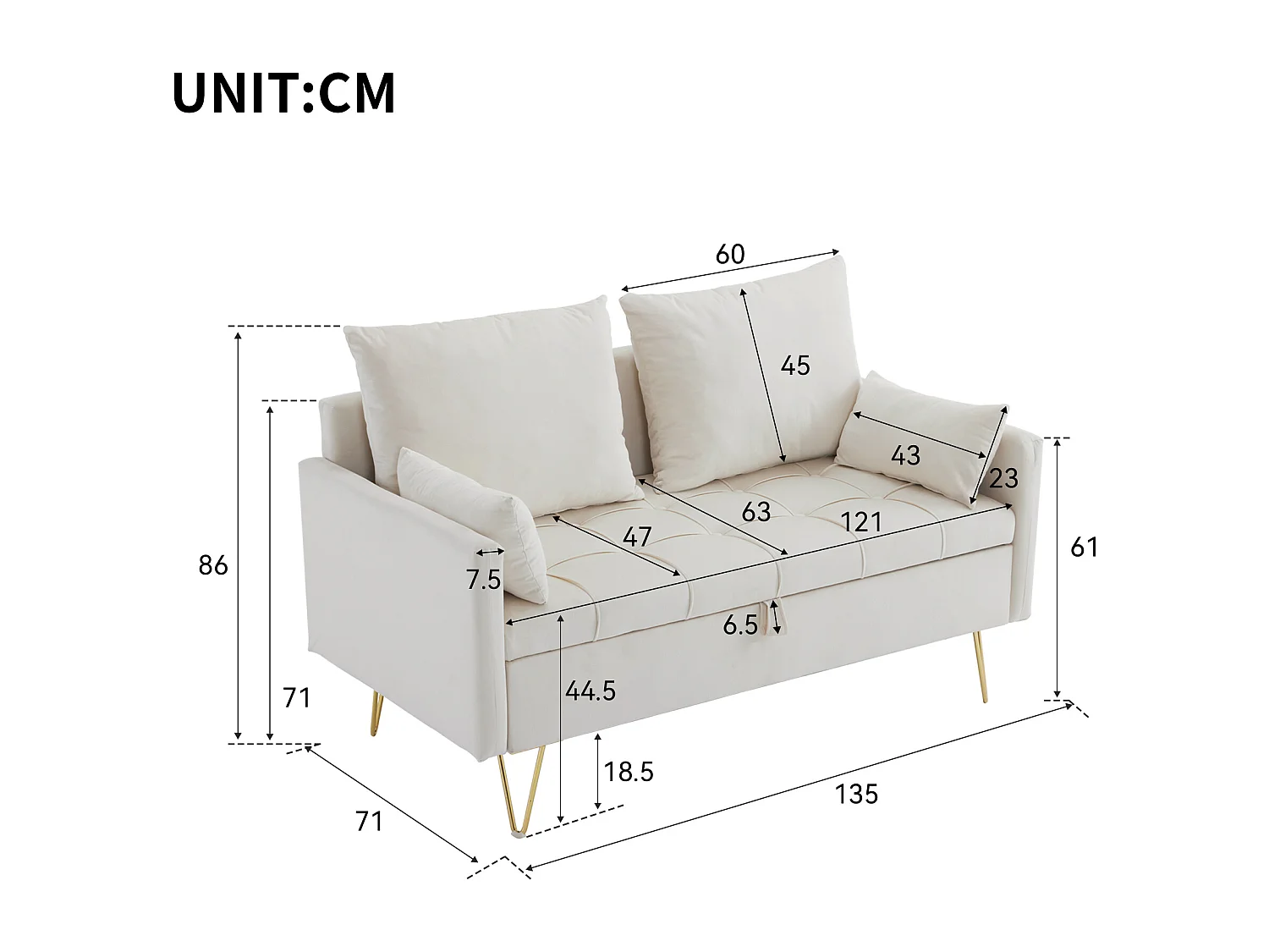 Canapé 2 places en velours avec rangement et coussins, L 135 cm, pieds en métal doré, pour salon, bureau ou appartement, beige