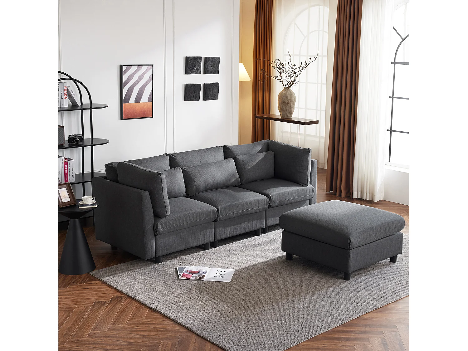 Canapé d'angle droit convertible avec repose-pied - Tissu en lin - 220 x 83 x 81 cm - Gris