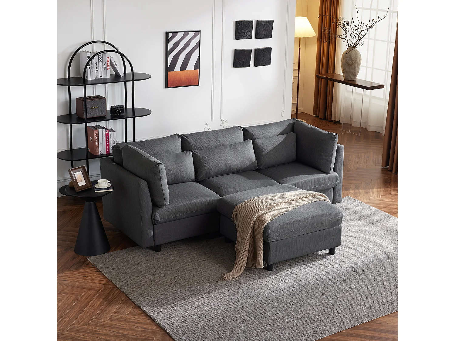 Canapé d'angle droit convertible avec repose-pied - Tissu en lin - 220 x 83 x 81 cm - Gris