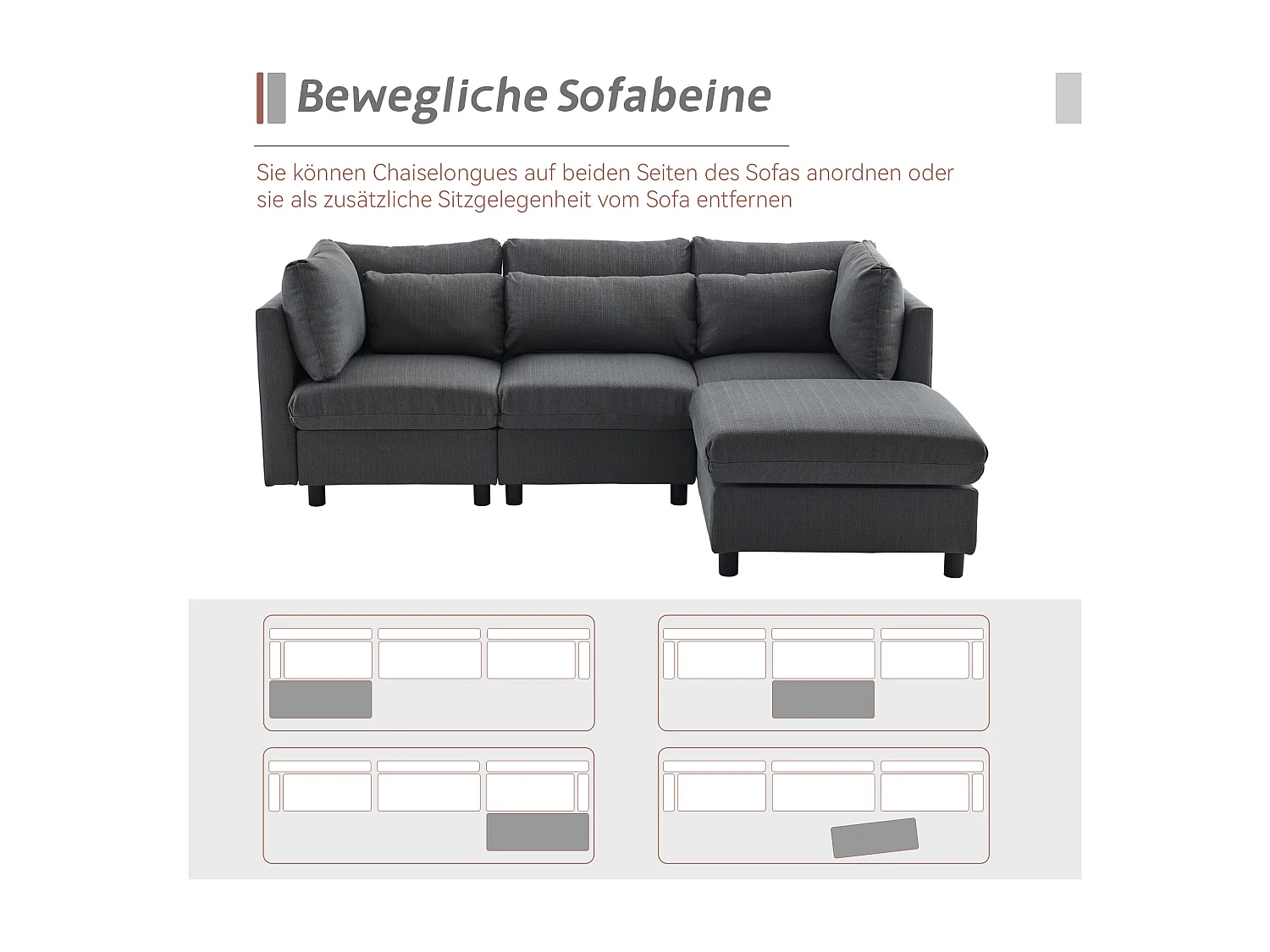 Canapé d'angle droit convertible avec repose-pied - Tissu en lin - 220 x 83 x 81 cm - Gris