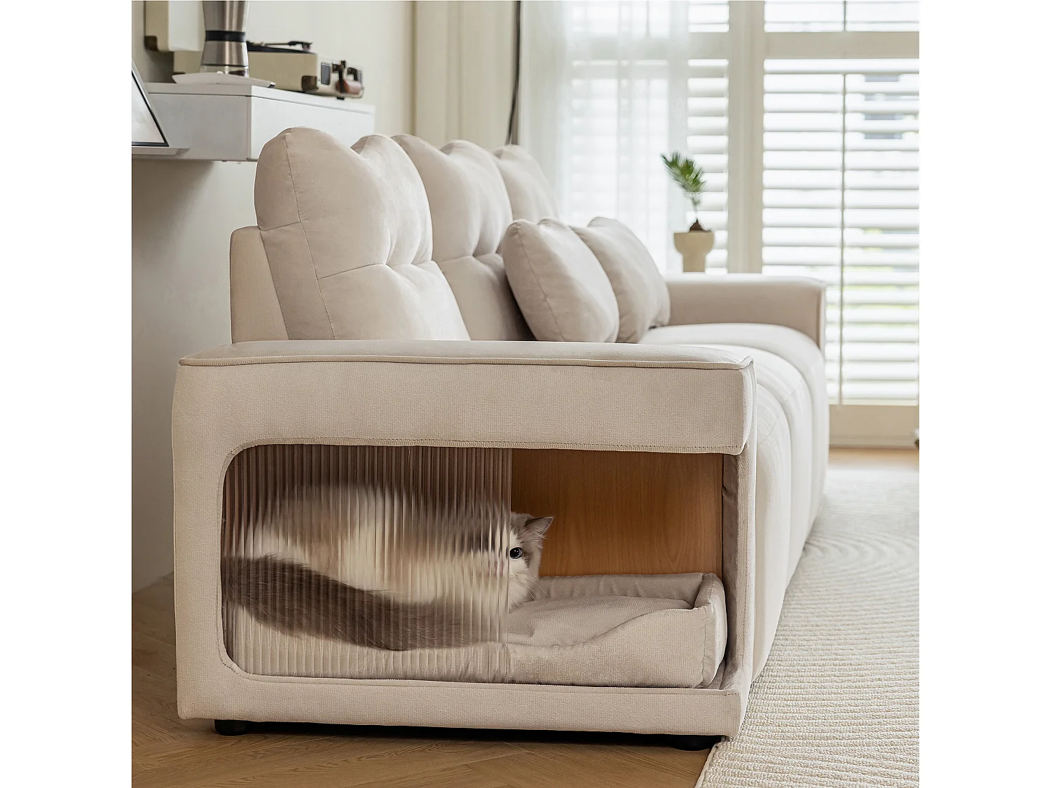 Canapé 3 places modulable en velours avec 2 canapé nids pour chat et 2 coussins, Beige