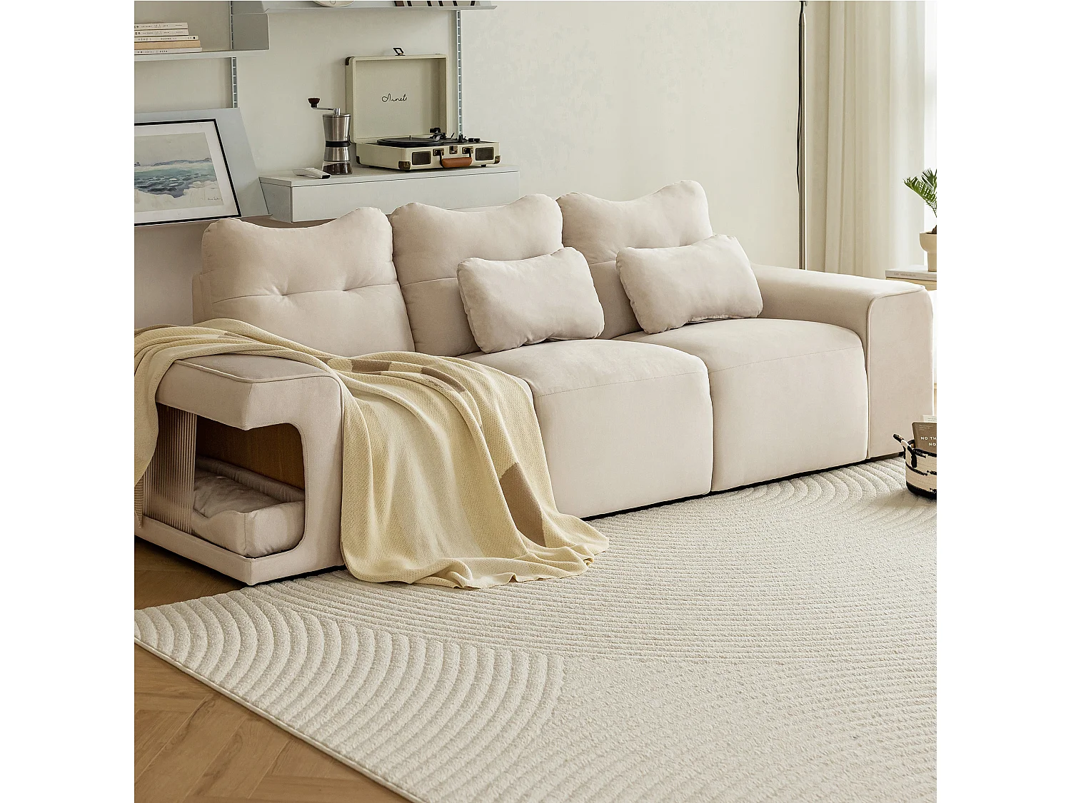 Canapé 3 places modulable en velours avec 2 canapé nids pour chat et 2 coussins, Beige