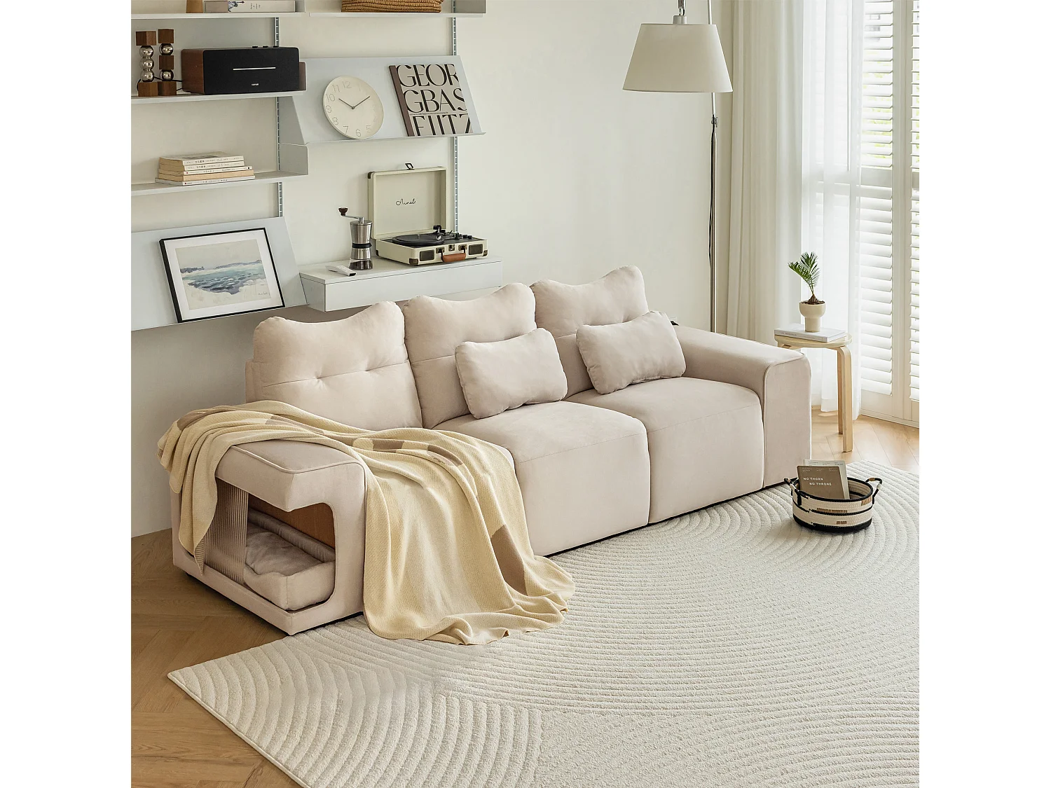 Canapé 3 places modulable en velours avec 2 canapé nids pour chat et 2 coussins, Beige