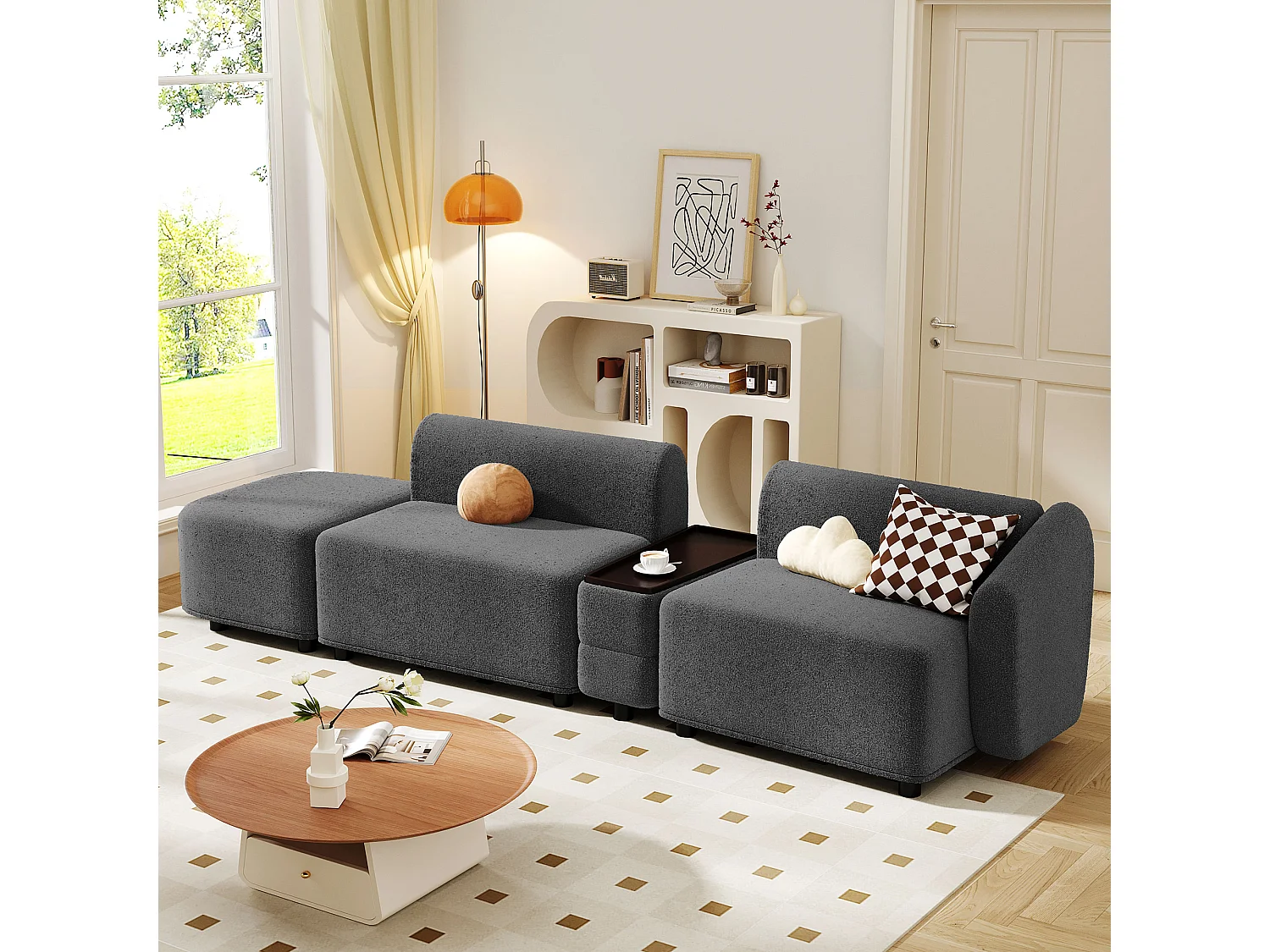 3-zits modulaire bank met opbergruimte salontafel en voetsteun - French Terry stof - grijs