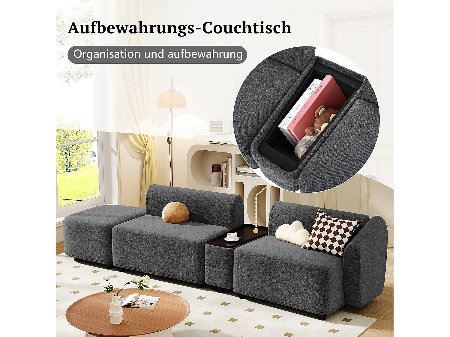 3-zits modulaire bank met opbergruimte salontafel en voetsteun - French Terry stof - grijs