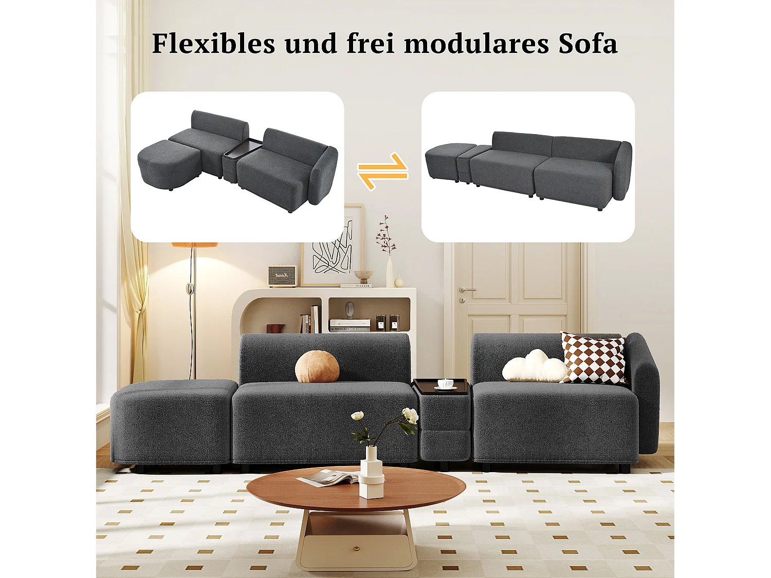 3-zits modulaire bank met opbergruimte salontafel en voetsteun - French Terry stof - grijs
