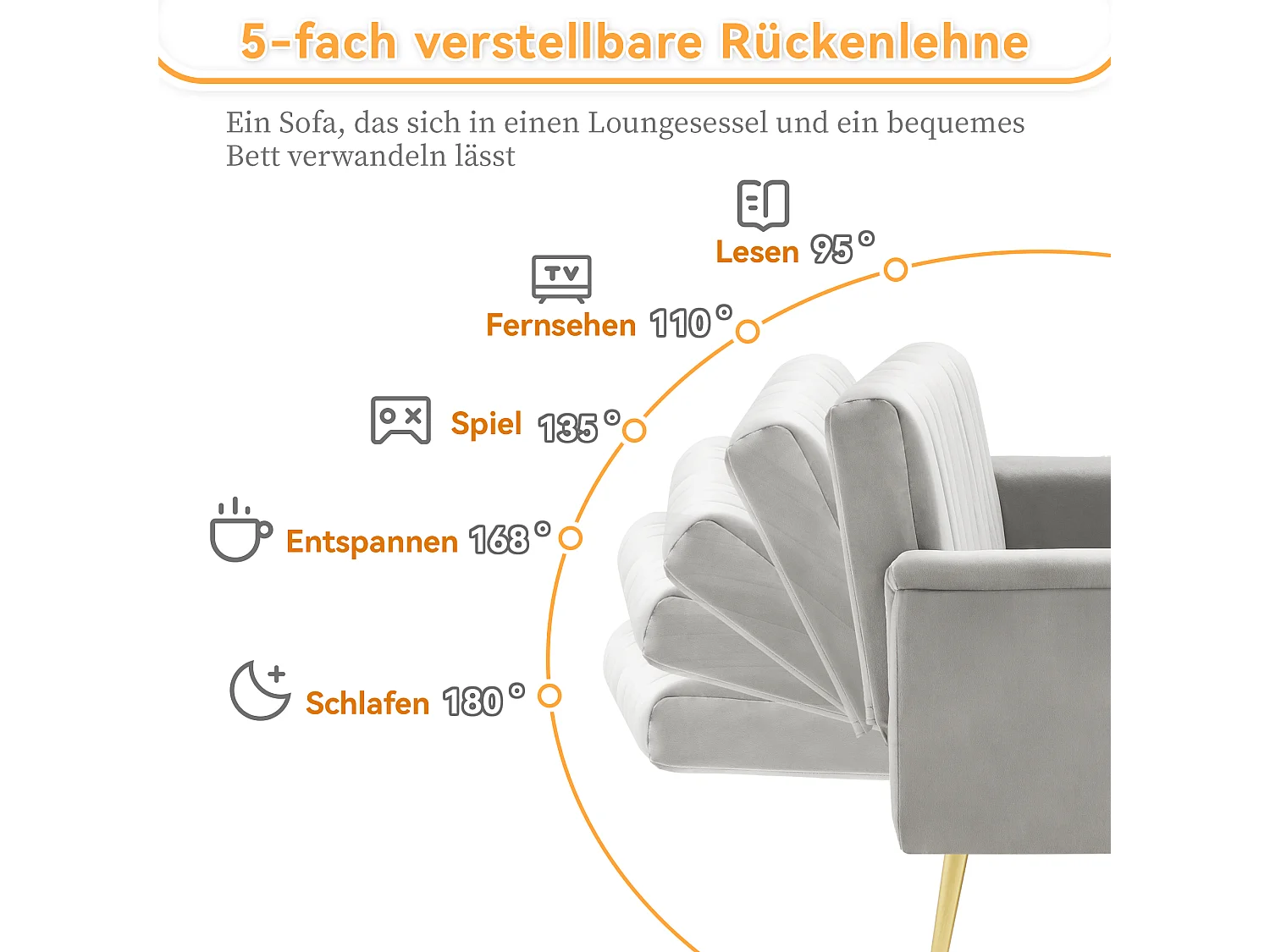 3-zits grijze fluwelen bank - 3 in 1 - Verstelbare rugleuning en armleuningen - 184 x 79 x 71 cm