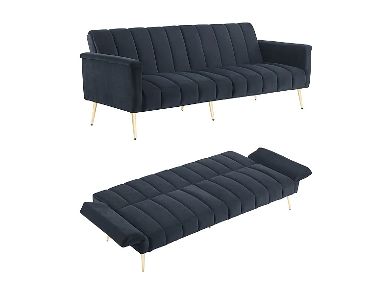 Canapé 3 places en velours noir - 3 en 1 - Dossier et accoudoirs réglables - 184 x 79 x 71 cm