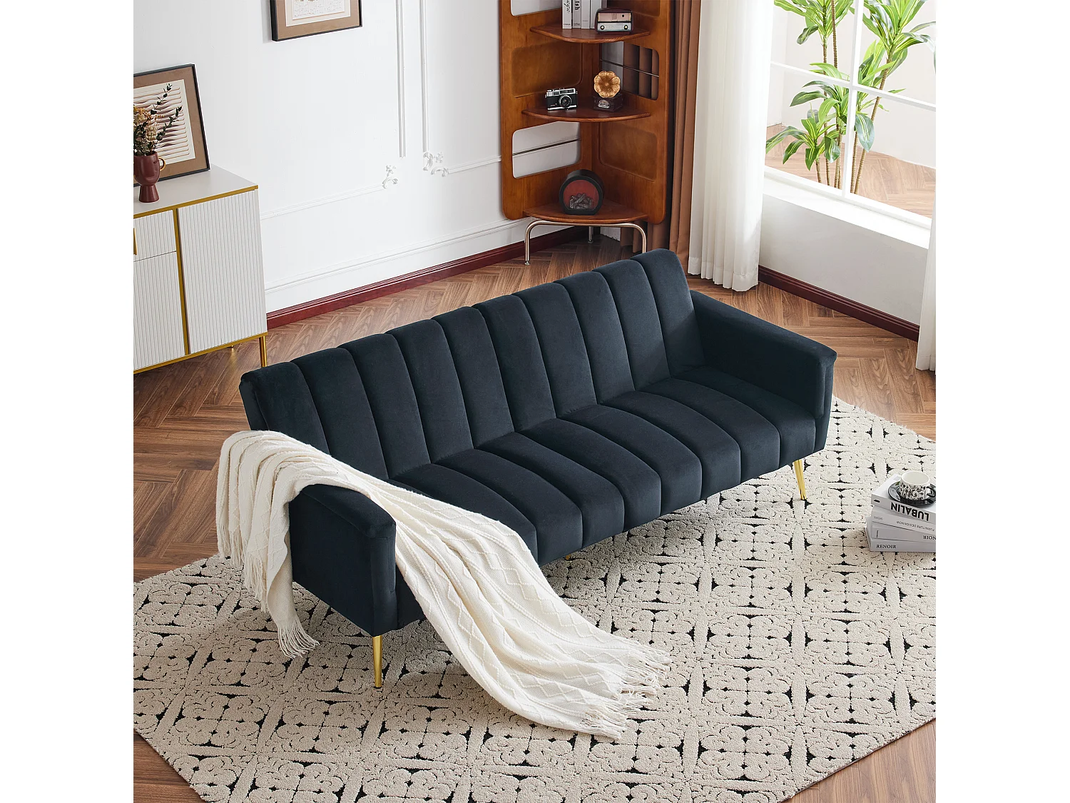 3-zitsbank in zwart fluweel - 3 in 1 - Verstelbare rugleuning en armleuningen - 184 x 79 x 71 cm - LERICI van Pascal Morabito