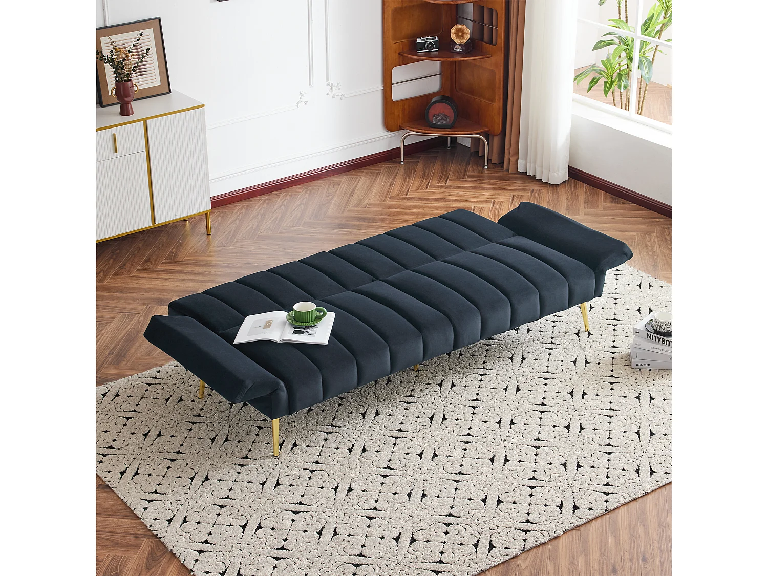 3-zitsbank in zwart fluweel - 3 in 1 - Verstelbare rugleuning en armleuningen - 184 x 79 x 71 cm - LERICI van Pascal Morabito