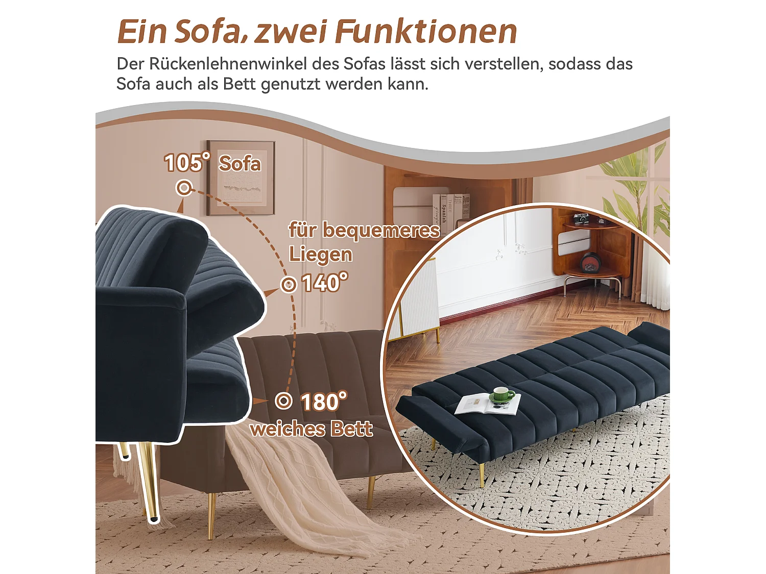 3-zitsbank in zwart fluweel - 3 in 1 - Verstelbare rugleuning en armleuningen - 184 x 79 x 71 cm - LERICI van Pascal Morabito