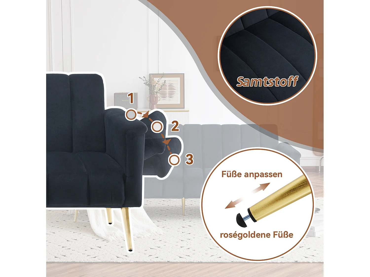 3-zitsbank in zwart fluweel - 3 in 1 - Verstelbare rugleuning en armleuningen - 184 x 79 x 71 cm - LERICI van Pascal Morabito