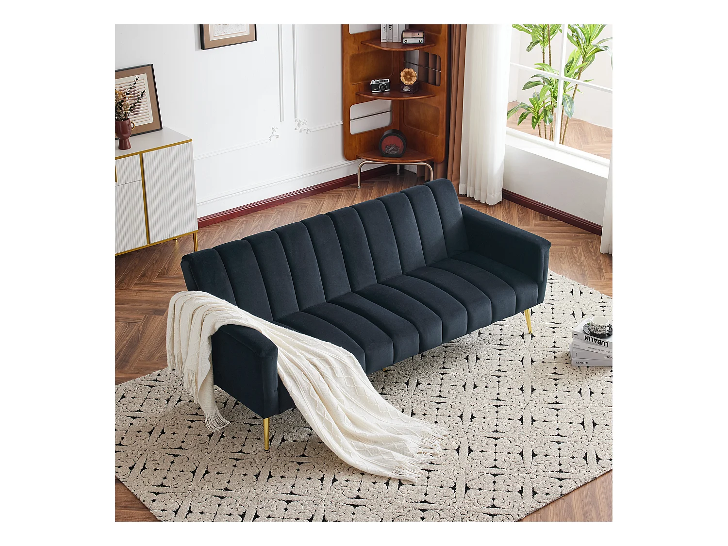 Canapé 3 places en velours noir - 3 en 1 - Dossier et accoudoirs réglables - 184 x 79 x 71 cm