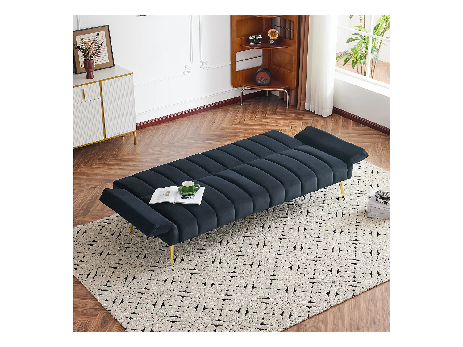 Canapé 3 places en velours noir - 3 en 1 - Dossier et accoudoirs réglables - 184 x 79 x 71 cm