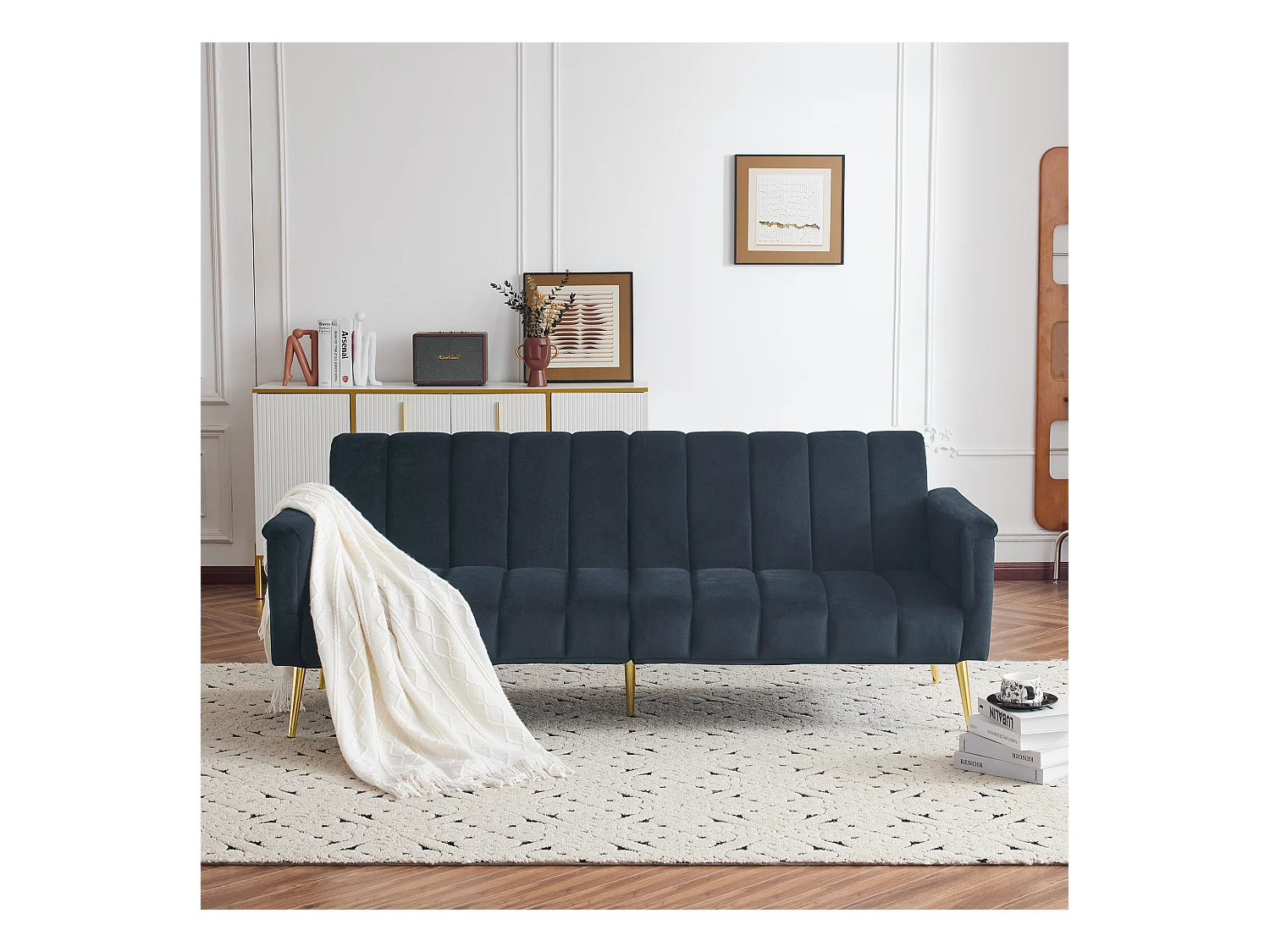 Canapé 3 places en velours noir - 3 en 1 - Dossier et accoudoirs réglables - 184 x 79 x 71 cm