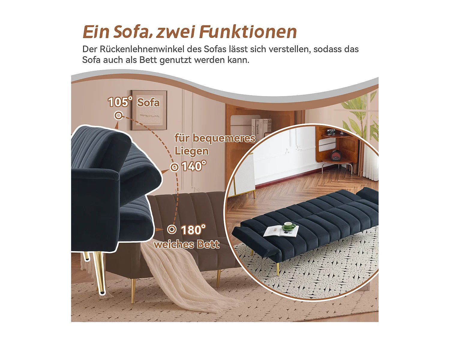 Canapé 3 places en velours noir - 3 en 1 - Dossier et accoudoirs réglables - 184 x 79 x 71 cm